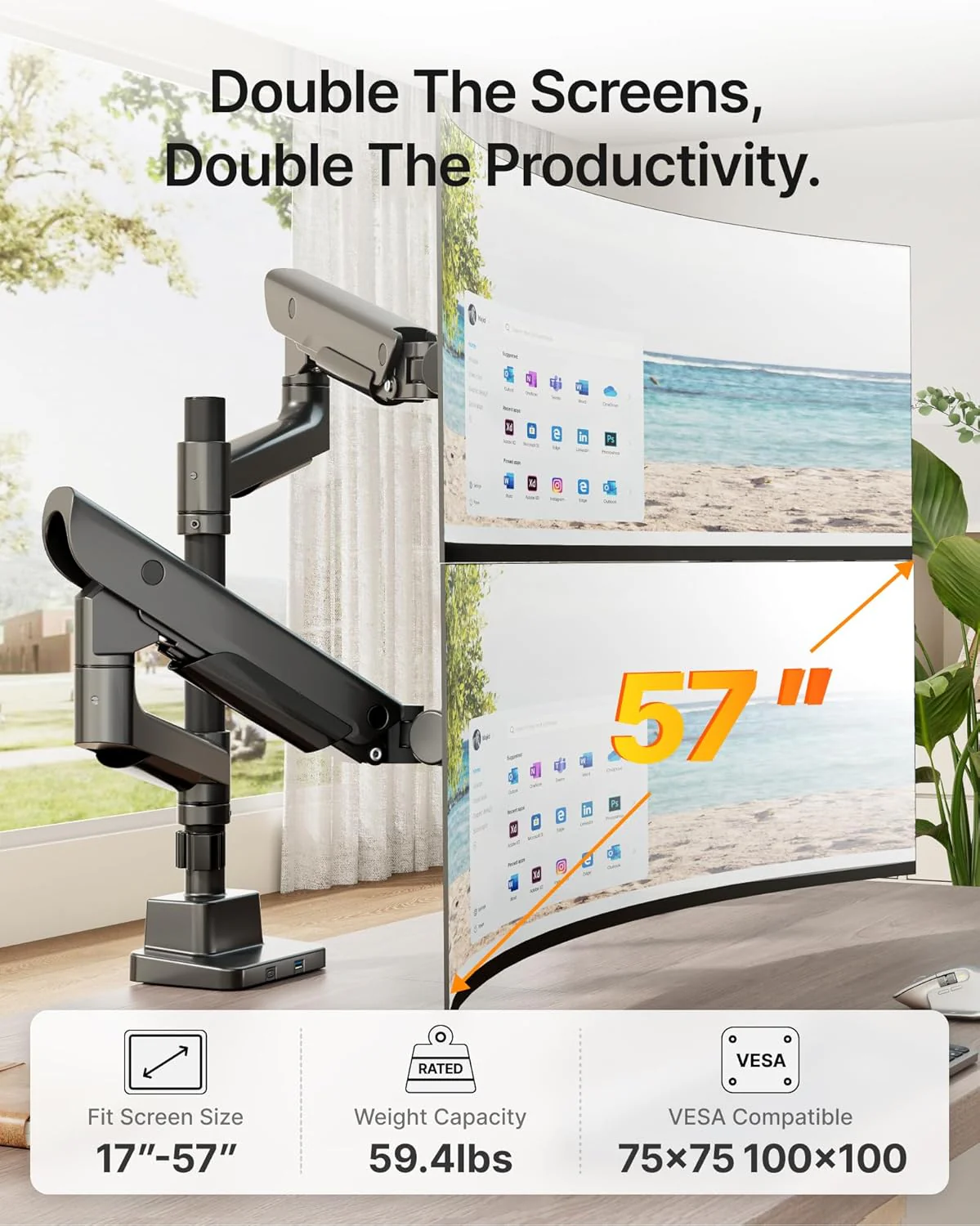 Premium Dual Monitor Arm for 17”–57” Screens | MA1003UCPBK-D - Image 3
