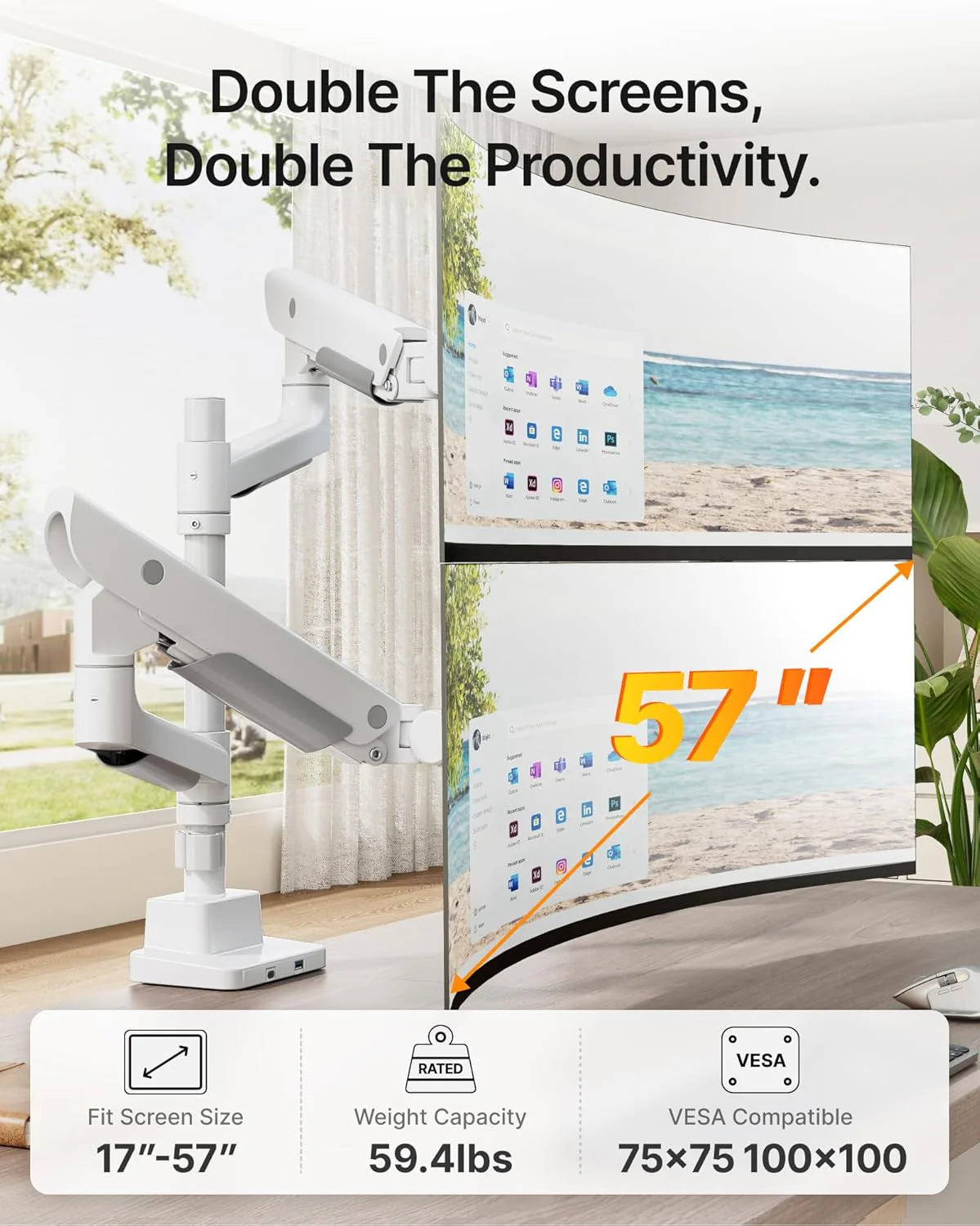 Premium Dual Monitor Arm for 17”–57” Screens | MA1003UCPWH-D - Image 3