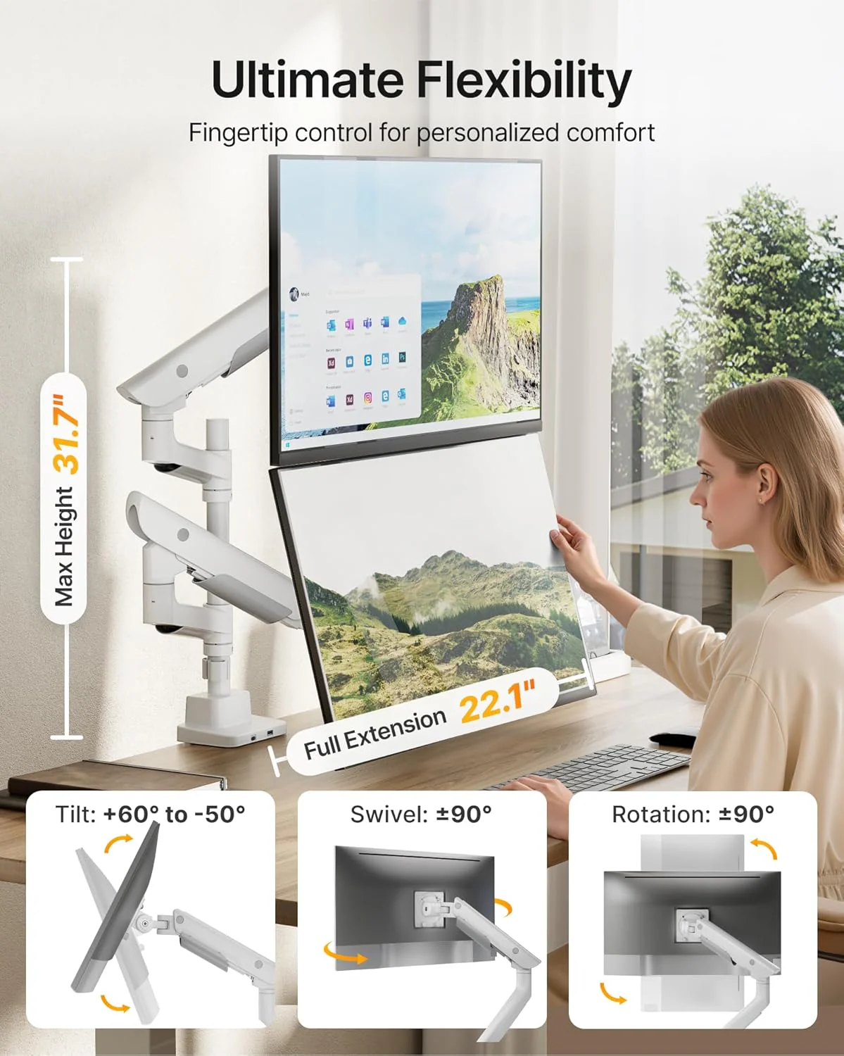 Premium Dual Monitor Arm for 17”–57” Screens | MA1003UCPWH-D - Image 4
