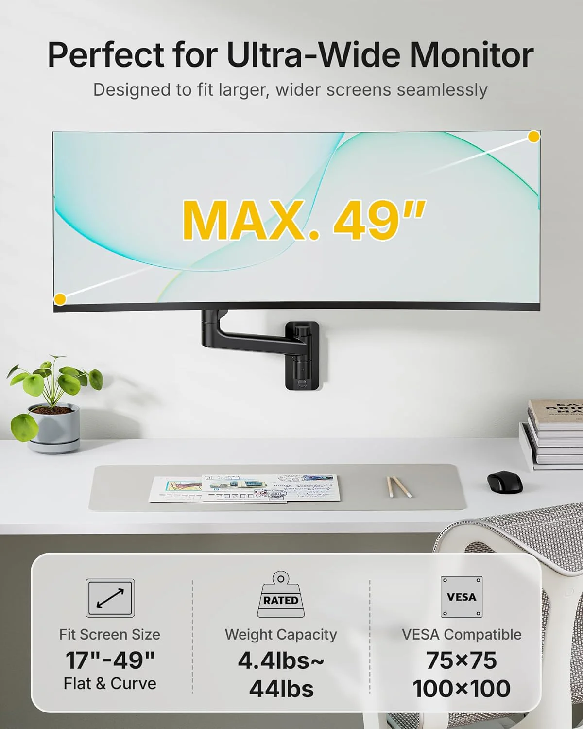 Single Monitor Wall Mount for 17"-49" Screens | MA1001WBK-S - Image 3